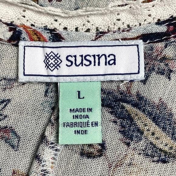 Susina Nordstrom Gray Floral Lace Trim Keyhole Peasant Tank Top Shirt Large - Picture 4 of 9